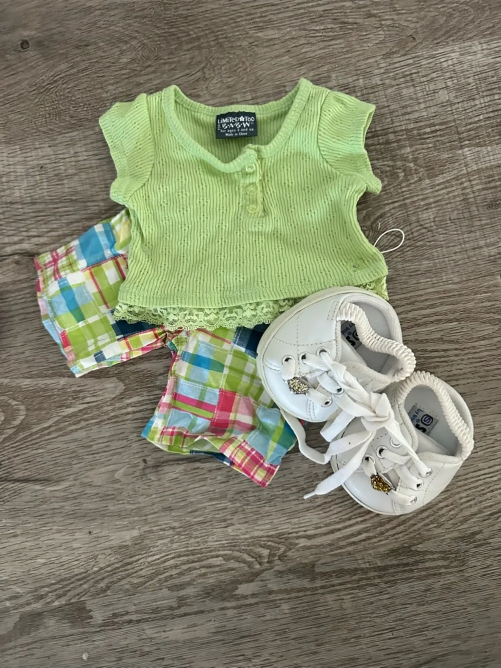 Build-a-Bear Workshop. Lime Tank Top with Plaid Shorts and White Baby Sneakers